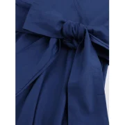 Hepburn Vintage Series Women Dress Spring And Summer Pure Color Lapel V-neck Design Short Sleeve Retro Belt Dress - Navy Blue Fa