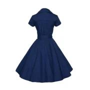 Hepburn Vintage Series Women Dress Spring And Summer Pure Color Lapel V-neck Design Short Sleeve Retro Belt Dress - Navy Blue Fa