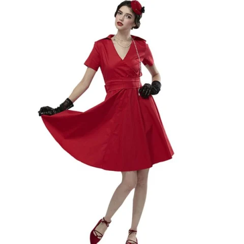 Hepburn Vintage Series Women Dress Spring And Summer Pure Color Lapel V-neck Design Short Sleeve Retro Belt Dress - Red Fansmade