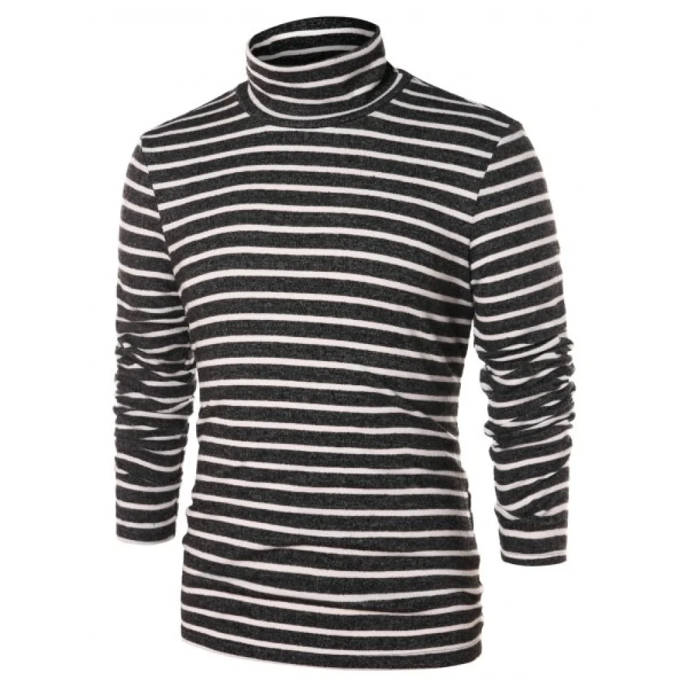 High Collar Striped Long Sleeve T-shirt - Fansmadedirect