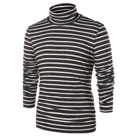 High Collar Striped Long Sleeve T-shirt - Fansmadedirect
