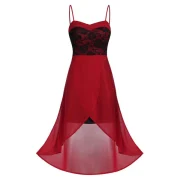 High Low Spaghetti Strap Lace Insert Chiffon Dress - Lava Red Fansmadedirect