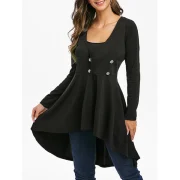 High Low Tunic V Neck Coat - Black Fansmadedirect