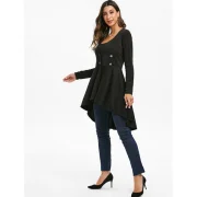 High Low Tunic V Neck Coat - Black Fansmadedirect
