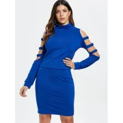 High Neck Ladder Cut Out Sleeve Top and ini Skirt - Blue Fansmadedirect
