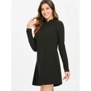 High Neck ong Sleeve Casual Jumper Dress - Black Fansmadedirect