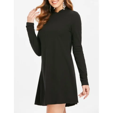 High Neck ong Sleeve Casual Jumper Dress - Black Fansmadedirect