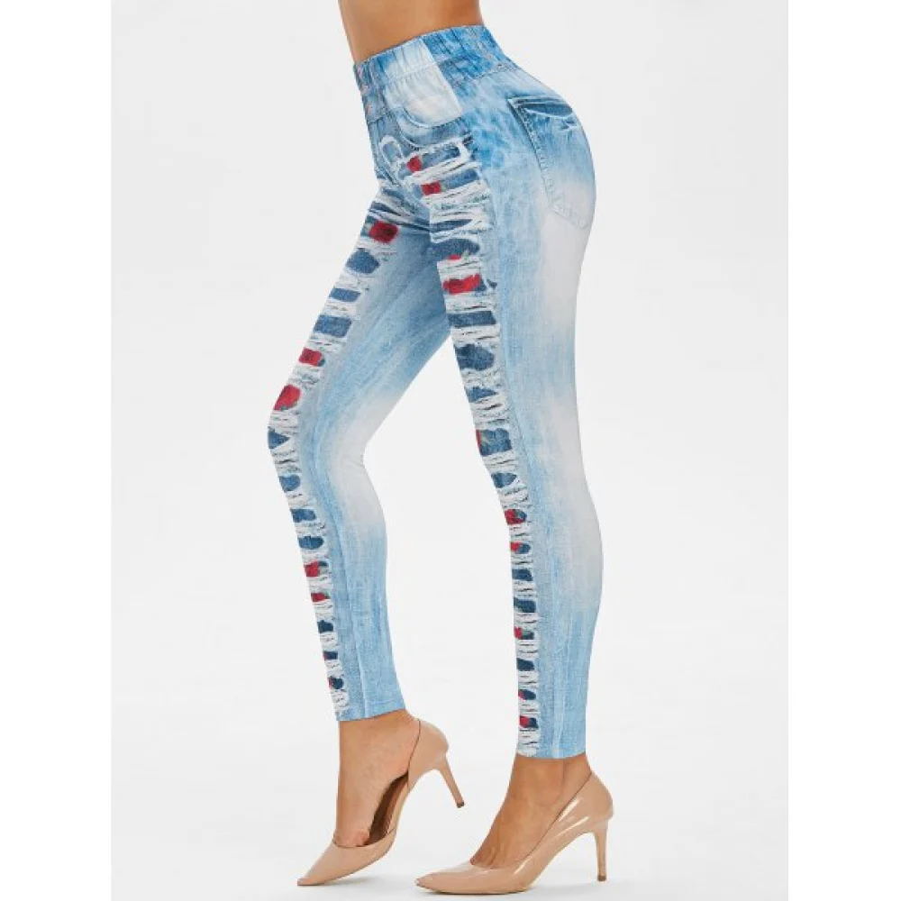 High Rise 3D Floral Ripped Jean Print Jeggings - Jeans Blue Fansmadedirect