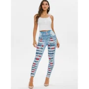 High Rise 3D Floral Ripped Jean Print Jeggings - Jeans Blue Fansmadedirect