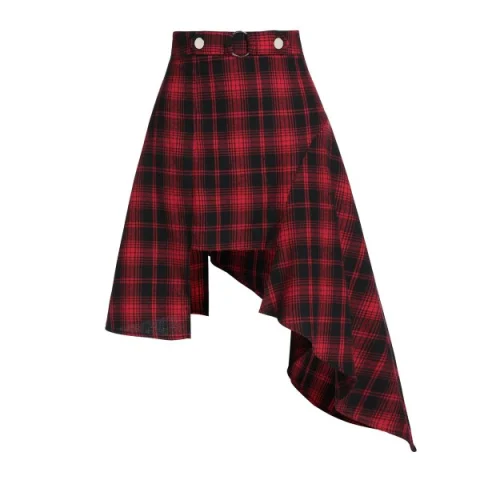 High Rise Asymmetrical Plaid Skirt - Red Fansmadedirect