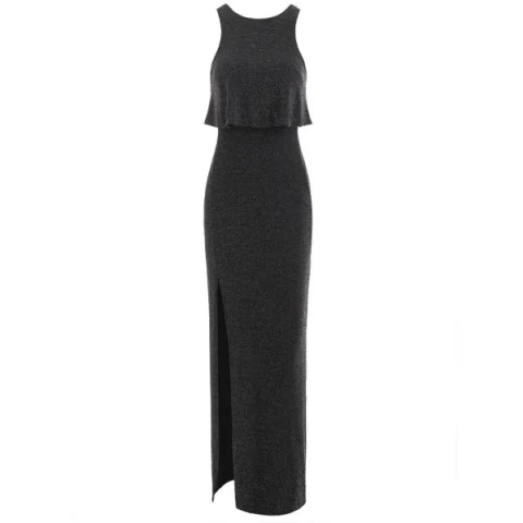 High Slit Flounce Sparkly axi Dress - Black Fansmadedirect