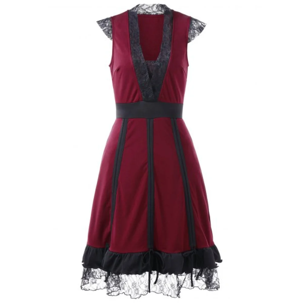 High Waist Lace Panel Low Cut Dress - Red Wine Fansmadedirect