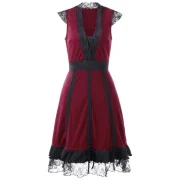 High Waist Lace Panel Low Cut Dress - Red Wine Fansmadedirect