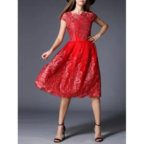 High Waist Mesh Embroidery Dress - Red Fansmadedirect
