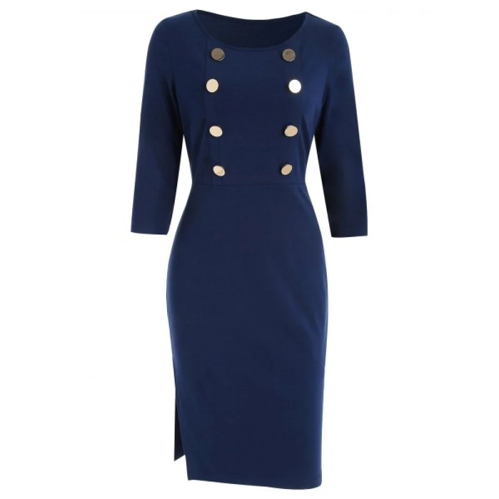 High Waist Pencil Dress with Buttons - Deep Blue Fansmadedirect