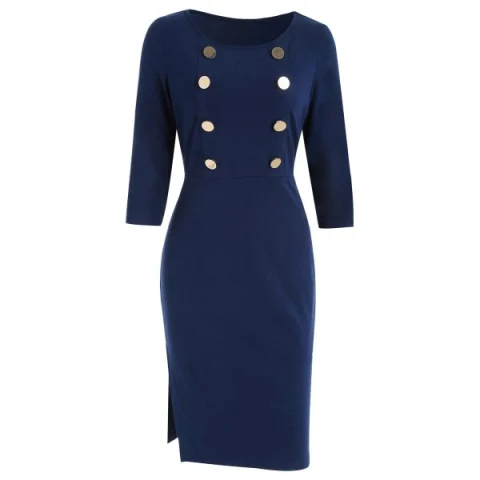 High Waist Pencil Dress with Buttons - Deep Blue Fansmadedirect