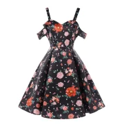 High Waist Shoulder Cut Flower Dress - Black Fansmadedirect