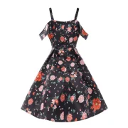 High Waist Shoulder Cut Flower Dress - Black Fansmadedirect