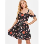 High Waist Shoulder Cut Flower Dress - Black Fansmadedirect