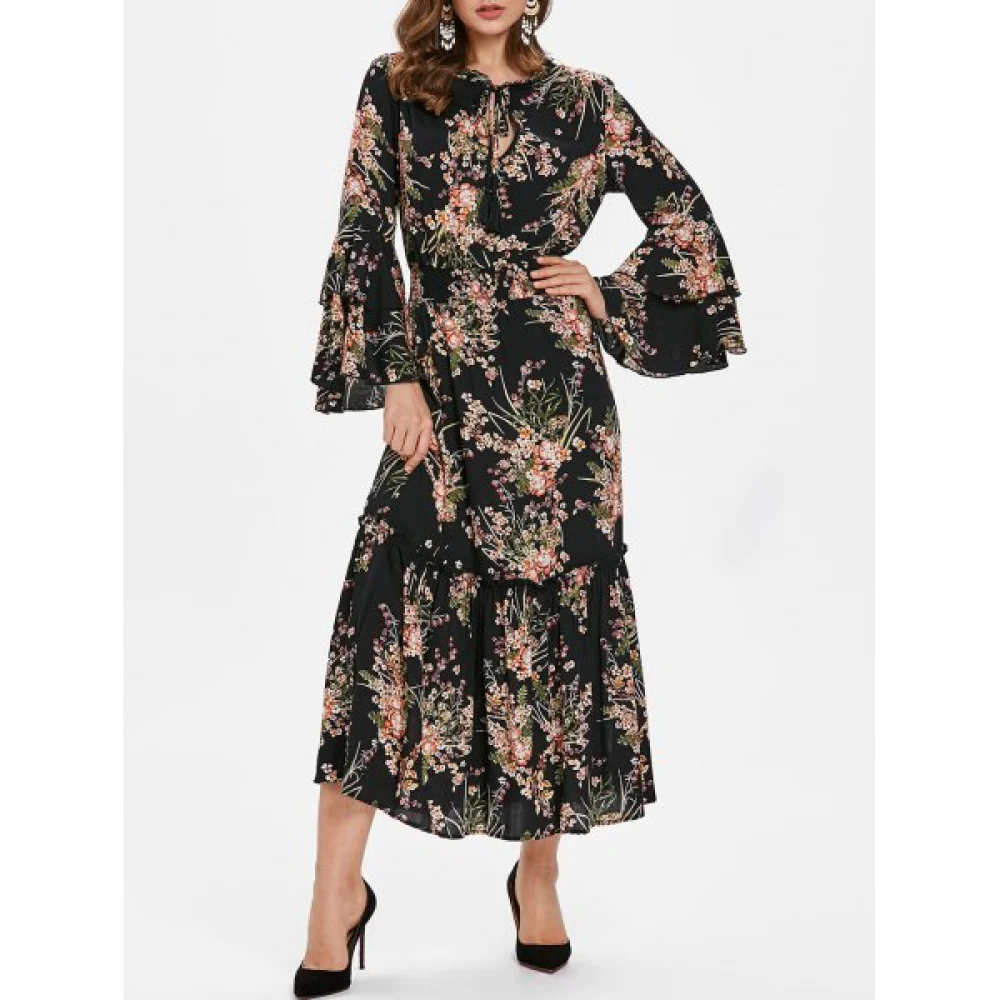 High Waist Tiny Floral Flounce Trim Dress - Black Fansmadedirect