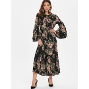 High Waist Tiny Floral Flounce Trim Dress - Black Fansmadedirect