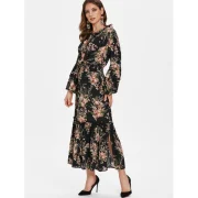 High Waist Tiny Floral Flounce Trim Dress - Black Fansmadedirect