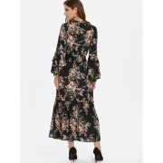 High Waist Tiny Floral Flounce Trim Dress - Black Fansmadedirect