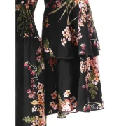 High Waist Tiny Floral Flounce Trim Dress - Black Fansmadedirect