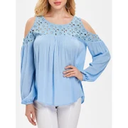 Hollow Out Open Shoulder Swing Blouse - ight Blue Fansmadedirect