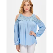 Hollow Out Open Shoulder Swing Blouse - ight Blue Fansmadedirect
