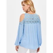 Hollow Out Open Shoulder Swing Blouse - ight Blue Fansmadedirect