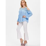 Hollow Out Open Shoulder Swing Blouse - ight Blue Fansmadedirect