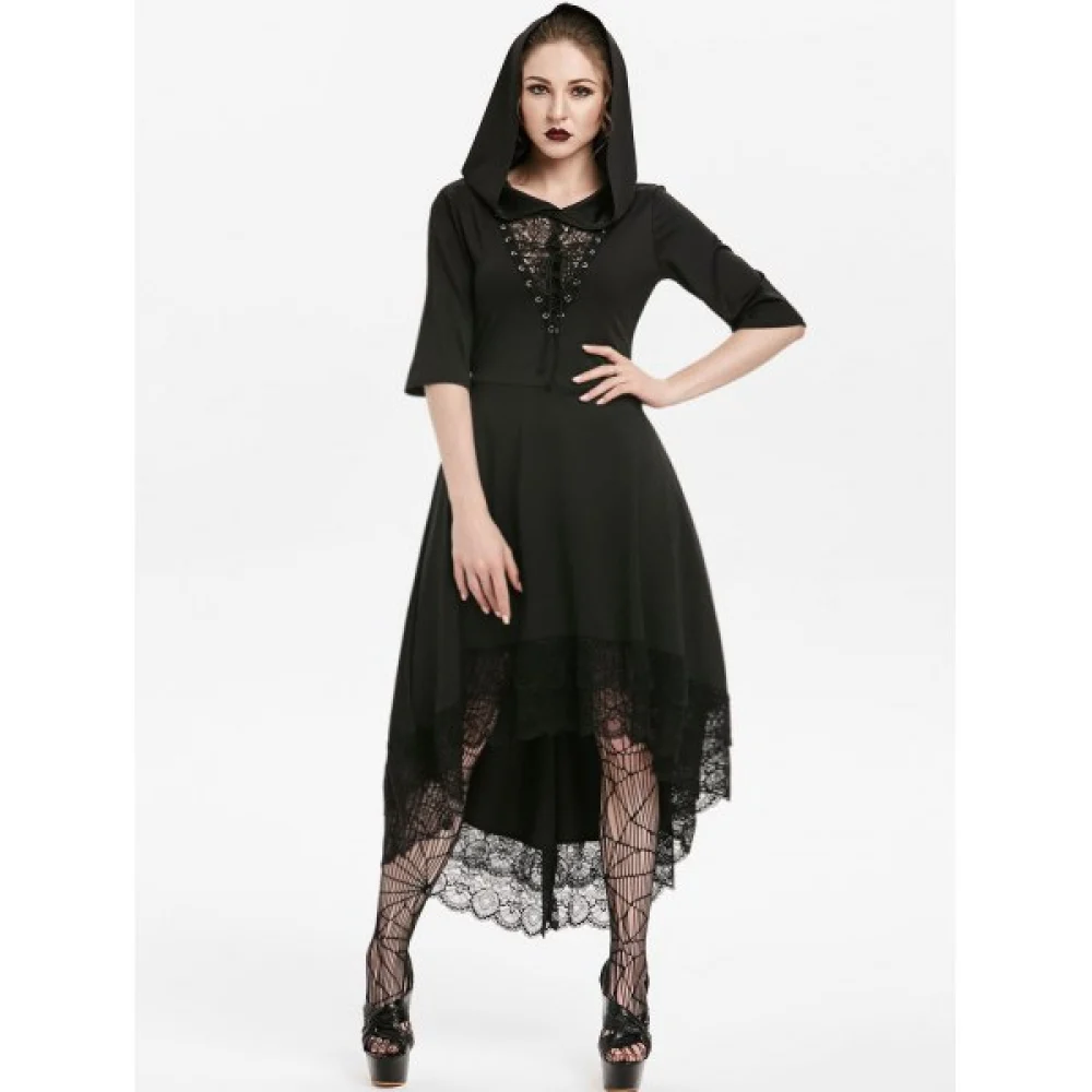 Hooded Lace Up Dip Hem Dress - Black Fansmadedirect