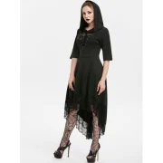 Hooded Lace Up Dip Hem Dress - Black Fansmadedirect