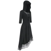 Hooded Lace Up Dip Hem Dress - Black Fansmadedirect