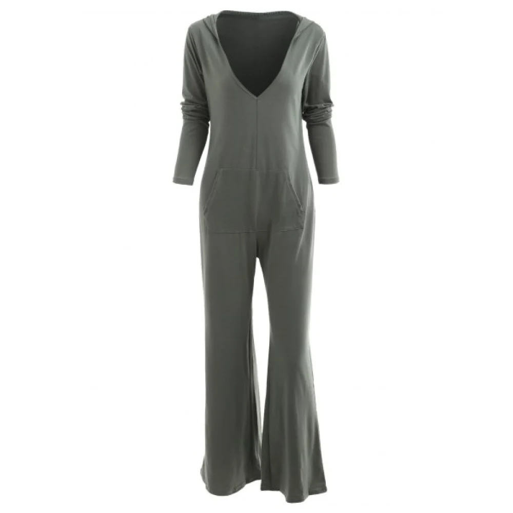 Hooded Low Cut Wide Leg Jumpsuit - Army Green Fansmadedirect