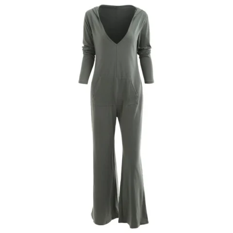 Hooded Low Cut Wide Leg Jumpsuit - Army Green Fansmadedirect