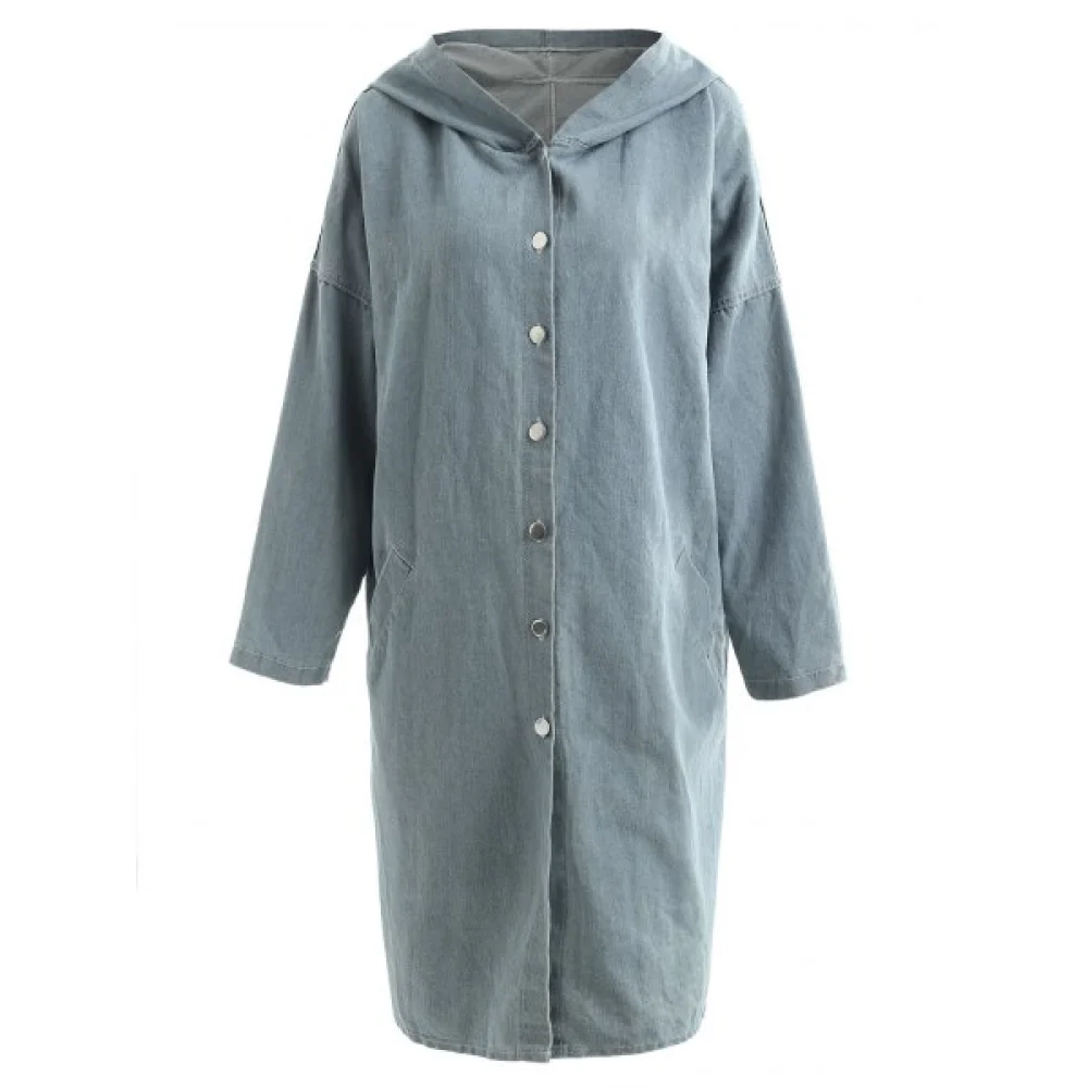 Hooded Pockets Long Denim Coat - Blue Gray One Fansmadedirect