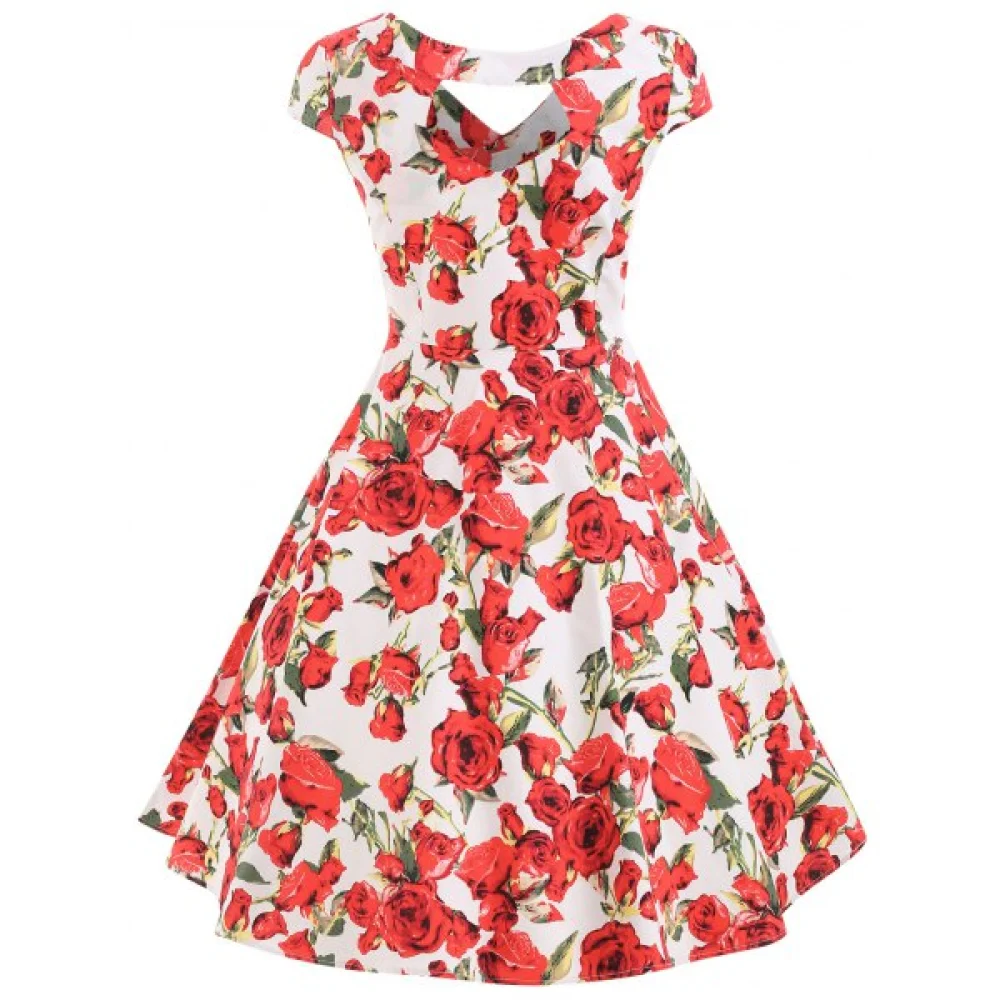 Keyhole Back Floral Print A Line Dress - Milk White Fansmadedirect