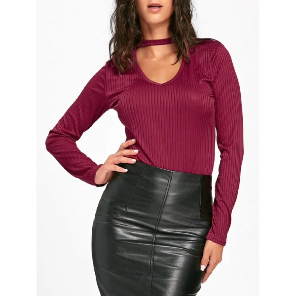 Keyhole Neck Ribbed T-shirt - Wine Red Fansmadedirect