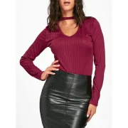 Keyhole Neck Ribbed T-shirt - Wine Red Fansmadedirect