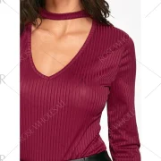 Keyhole Neck Ribbed T-shirt - Wine Red Fansmadedirect