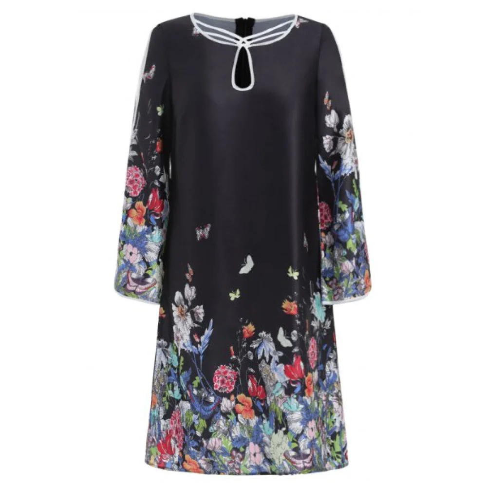 Keyhole Neckline Split Sleeves Floral Dress - Black Fansmadedirect