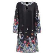 Keyhole Neckline Split Sleeves Floral Dress - Black Fansmadedirect