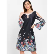 Keyhole Neckline Split Sleeves Floral Dress - Black Fansmadedirect