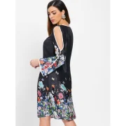 Keyhole Neckline Split Sleeves Floral Dress - Black Fansmadedirect
