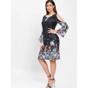Keyhole Neckline Split Sleeves Floral Dress - Black Fansmadedirect