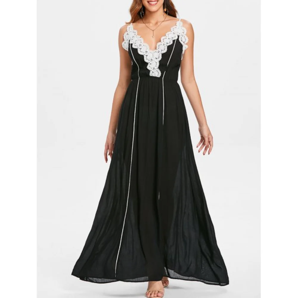 Lace Applique Contrasting axi Dress - Black Fansmadedirect