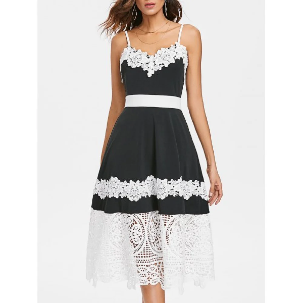 Lace Applique Spaghetti Strap Dress - Black Fansmadedirect