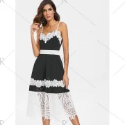 Lace Applique Spaghetti Strap Dress - Black Fansmadedirect
